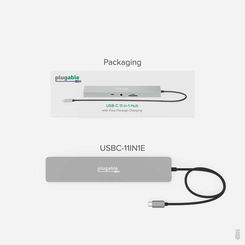 Plugable 11-in-1 USB-C Hub, 100W USB-C Pass-Through, Laptop Docking Station Dual Monitor, 4K 60Hz HDMI, Compatible with Thunderbolt, Windows, Chromebooks, Displays Mirrored on Mac