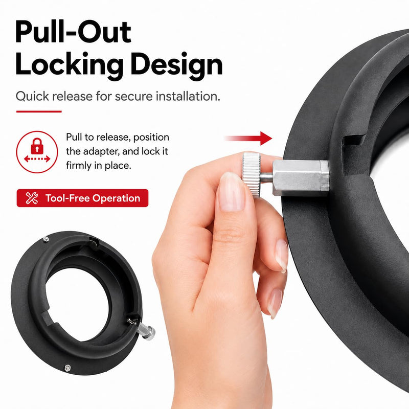 Balcar to Bowens Mount Adapter Ring for Studio Lights | Converts Balcar speedring lights to Bowens mount modifiers with a secure quick-release locking system.
