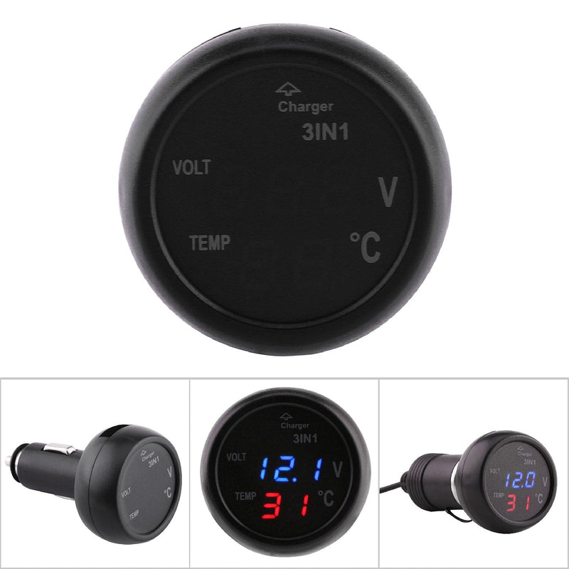 3in1 Auto Gauge Dual LED Digital Display Voltmeter Thermometer Cigarette Lighter USB Car Charger Temperature Monitor Meter (Blue Red #02) Blue Red #02