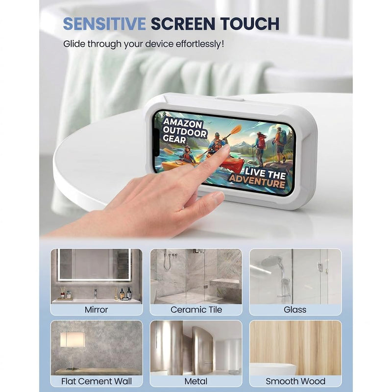 Shower Phone Holder Waterproof - 480° Rotatable Retractable Adjustable iPhone Case Holder with Touch Screen, Bathroom Wall Phone Mount Stand Water Proof Anti Fog, Accessories for 4-7" Cellphones White