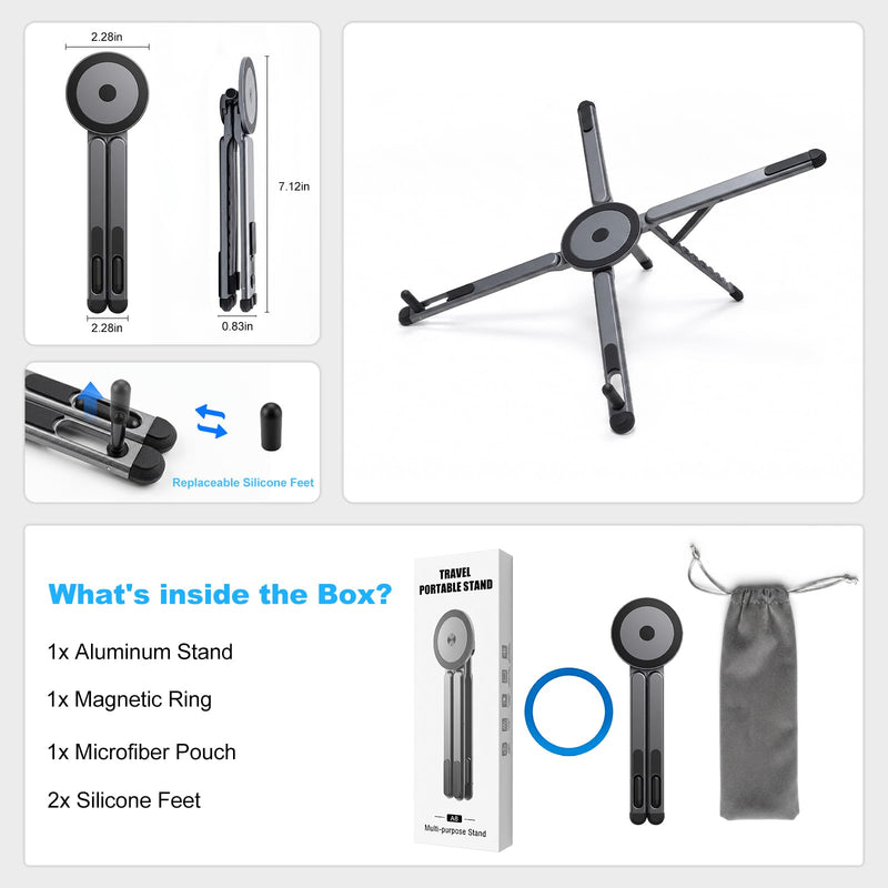4-in-1 Laptop Stand for Desk, Aluminum Alloy Adjustable Foldable Computer Stand with Magnetic Phone Holder & Tablet Stand, Portable Laptop Riser Compatible with MacBook, Notebook, 10-16 Inch Laptops