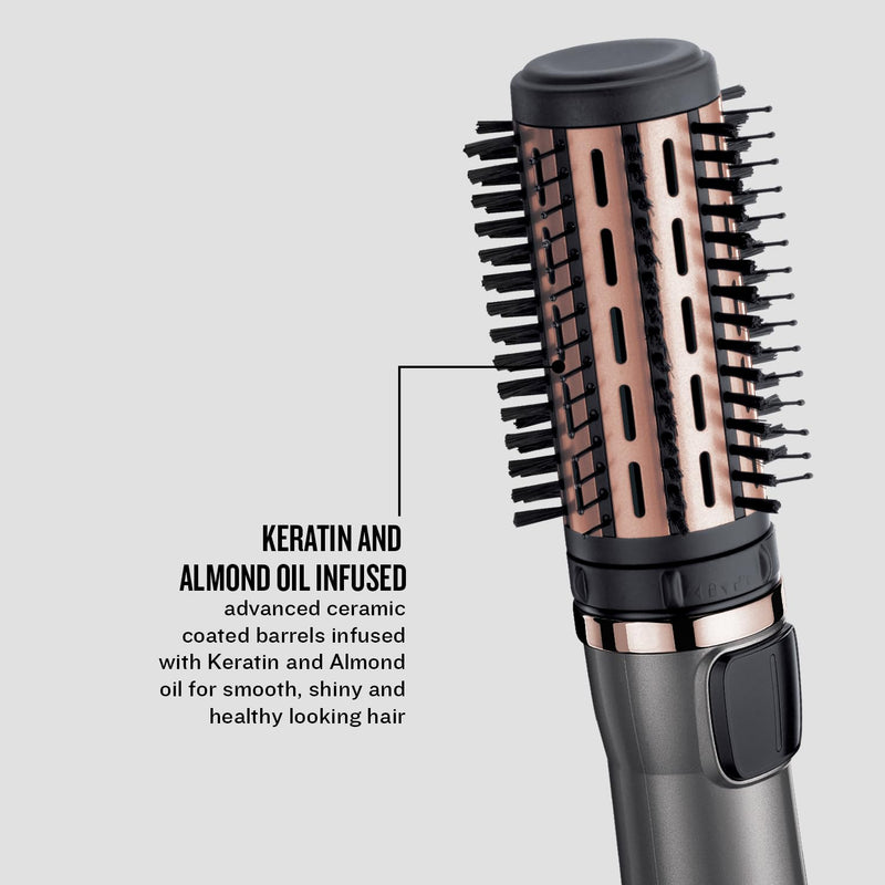 Remington Rotating Airstyler, 3 Attachments, Ceramic Coating with Almond | Three Attachments: Mixed Bristle Brush, Root Boost, Hair Clips, Ceramic Coating with Almond Oil, 1000W Fast Drying