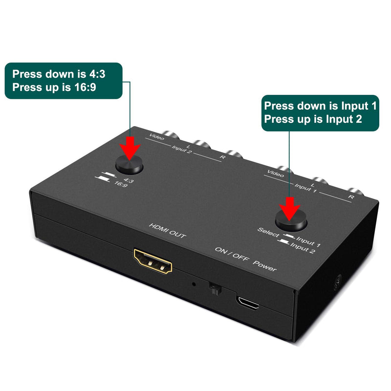 2Port RCA/AV to HDMI Converter Adapter for WII, N64, Xbox, PS1/2/3,DVD Players etc (2AV in-1 HDMI Out) 2RCA to HDMI Converter