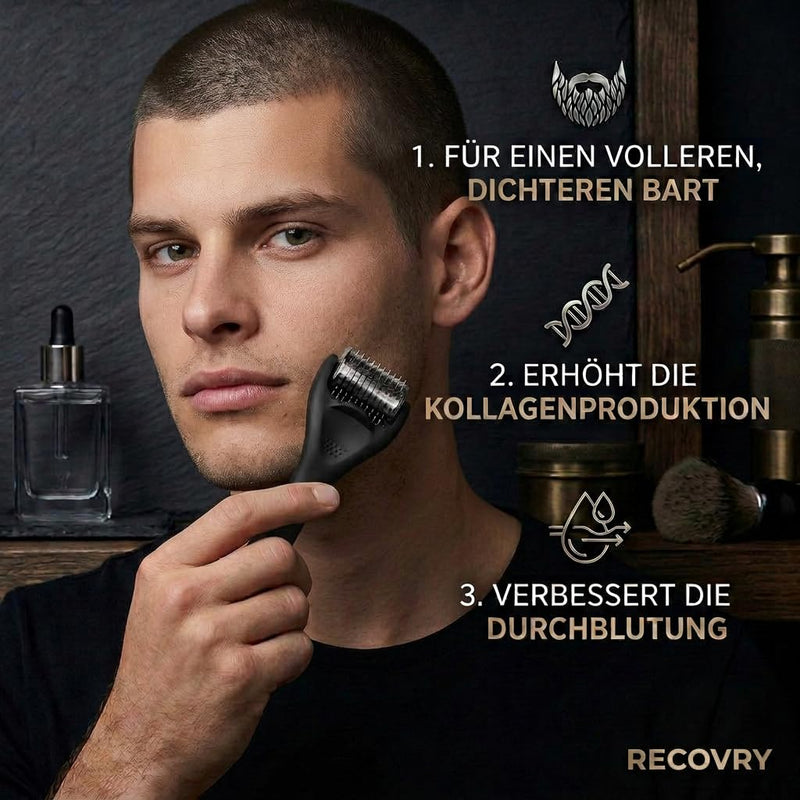 RECOVRY Beard Roller Beard Growth 1 mm - 192 Real Needles for Maximum Beard Growth - Derma Roller with Stainless Steel Needles - Increases Beard Density | Beard Roller (Black, 1 mm)