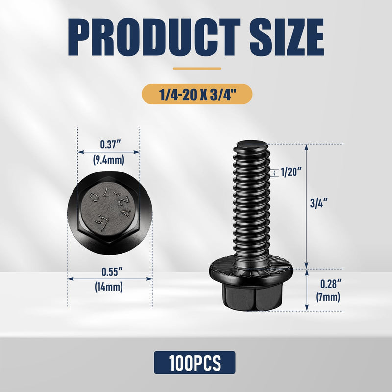 Zonon 100pcs 1/4-20 x 3/4" Stainless Steel Flanged Bolts, 304 Hex Head Bolts Kit, Heavy Duty Hexagon Screws with Reinforced Box, Fully Threaded Hardware Fasteners for Industrial & Marine Use(Black) 1/4-20 X 3/4'' Black 100