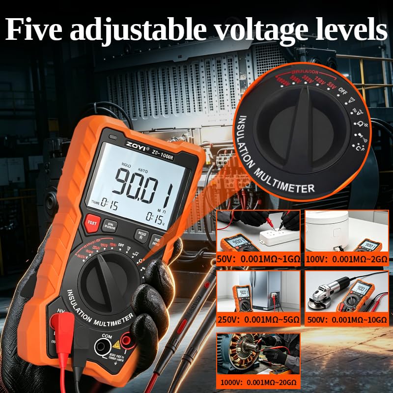 ZOYI ZT-1000R 2 in 1 Megohmmeter Multimeter, Max 1000V with DAR & PI, Insulation Resistance up to 20GΩ, 19999 Counts, AC/DC Diodes Ohm, TRMS, Auto-Ranging, Frequency and Temperature