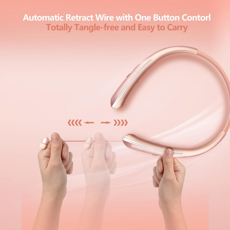 Neckband Bluetooth Headphones, Wireless Headphone with Retractable Earbud | Bluetooth 5.4, 16Hrs Playtime, IPX5 Sweatproof, Around The Neck Headphones Stereo Headset for Sports RoseGold