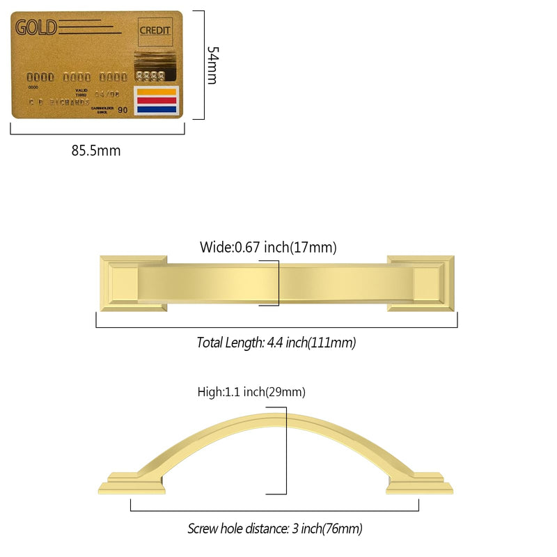 10 Pack Brushed Gold Cabinet Pulls 3''(76mm) Hole Centers,Hardware for Cabinets,Kitchen Cabinet Handles,Arch Cabinet Handles for Bathroom Dresser Drawer Handle Matte Gold 3" Hole Center