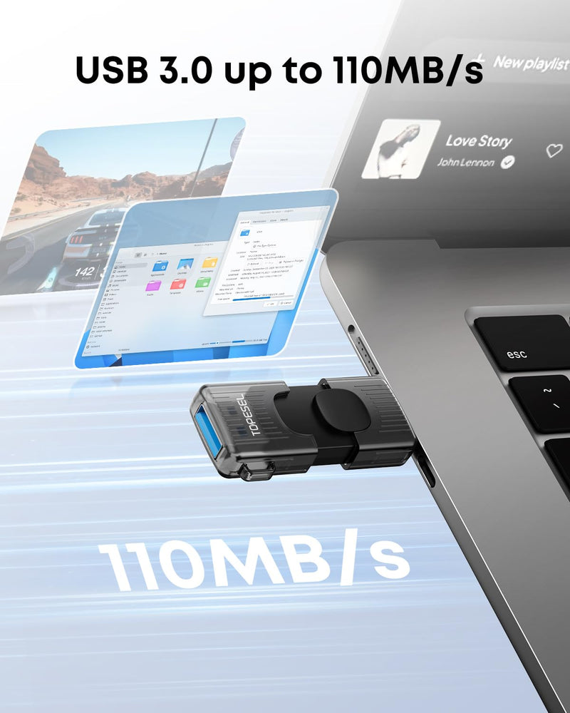 TOPESEL USB Drive 64GB USB C Flash Drive up to 110MB/s USB 3.2 Gen 1 Thumb Drive Push-Pull USB Stick Portable Memory Stick for iPhone 15/16/17 Android Smartphone Tablet Laptop Car Audio Smart TV Black 64GBX1