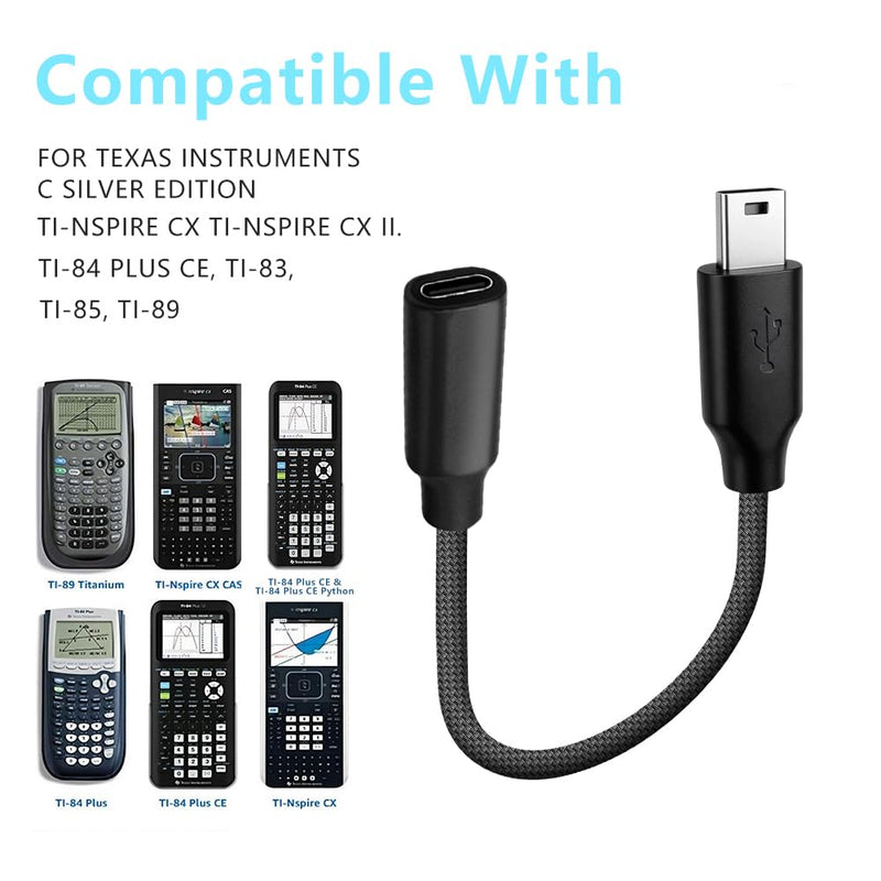 USB-C to Mini USB Adapter for TI 84 Plus CE/C Silver Edition, Braided Data Cable for Texas Instruments Calculators TI-Nspire CX/CX CAS/CX II/CX II CAS, TI-89 Titanium, TI-83/85