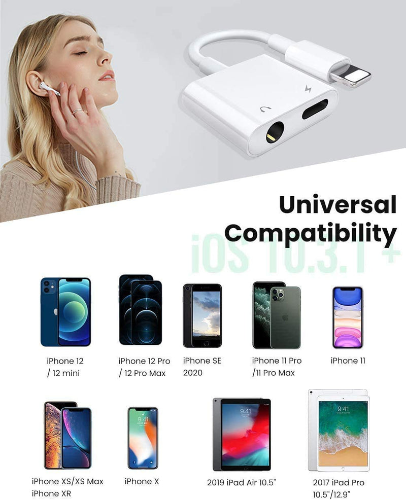[Apple MFi Certified] 2-in-1 Apple Lighting to 3.5mm Headphone Jack Adapter | 2 Pack iPhone 3.5mm Headphone Aux Audio + Charger Cable Splitter Dongle Adapter Compatible for iPhone 14 13 12 11 XS XR X 8 7 L