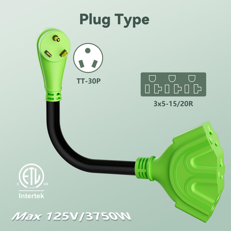 Conable 30 Amp to 15/20 Amp RV Distribution Adapter, 3 Prong NEMA TT-30P to NEMA 3X 5-20R/5-15R Household Outlet, 3 Outlets, ETL Listed, STW 10AWG*3C, Green, 1FT