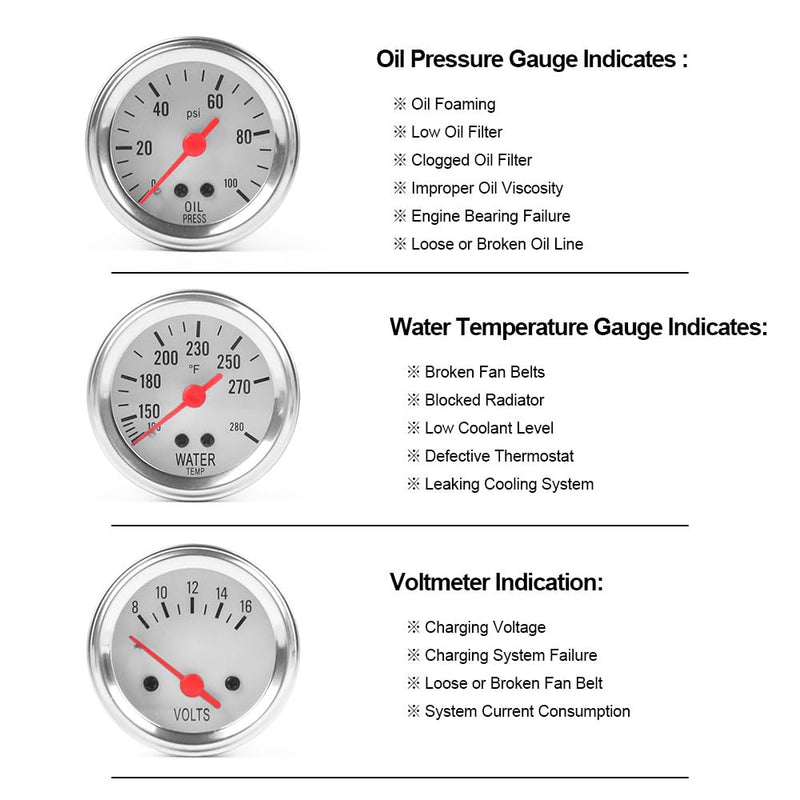 Dyno Racing 2inch 52MM Triple Gauge kit Volt Meter Water Temp Temperature Gauge Oil Press Pressure Gauge Car Meter Triple Gauge Set