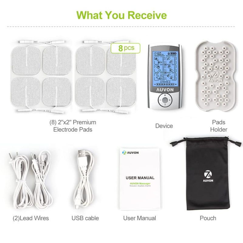 AUVON Rechargeable TENS Unit Muscle Stimulator, 24 Modes 4th Gen TENS Machine with 8pcs 2"x2" Premium Electrode Pads for Pain Relief A-silver