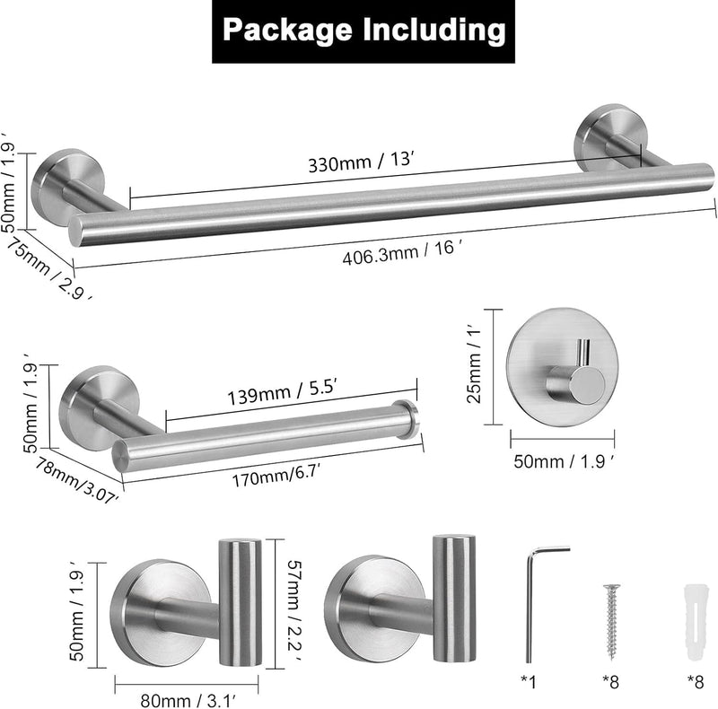 NearMoon Bathroom Hardware Set SUS 304 Thicken Stainless Steel-Towel Bar Set Include 16" Towel Rod, Toilet Paper Holder, Multifunctional Hooks Bathroom Accessories (Brushed Nickel, 5 Pcs) Brushed Nickel