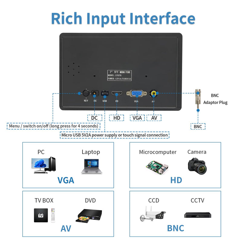 7 inch Touch Security Monitor & Displays, HD/BNC/AV/VGA/USB Input, 1024 * 600 Resolution, Built-in Dual Speakers Portable LCD Touch Monitor, Suitable for Game PC DVD DSLR CCTV 7 inch Touch Monitor S707H