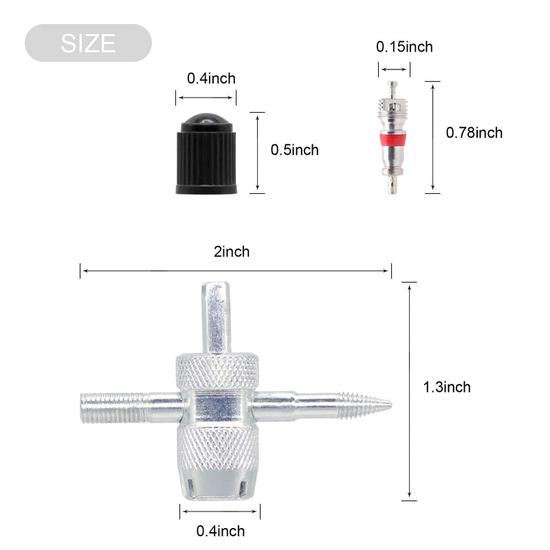 Valve Stem Removal Tool - 20Pcs Valve Cores, 10Pcs Tire Valve Caps, 4-Way Valve Tool, Valve Core Remover Tool Red
