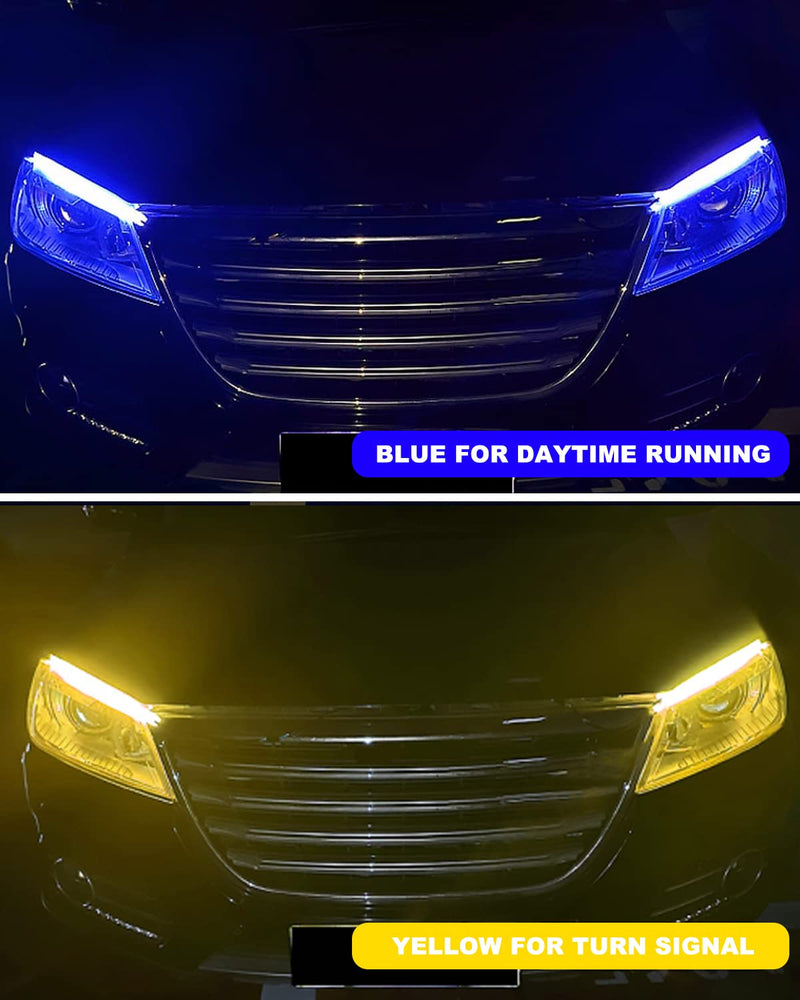 YM E-Bright DRL Led Strip Lights for Cars SUV Motorcycle Daytime Running Lights Turn Signal Bulb Sequential Switchback Led Strip Amber/Yellow & Blue (2Pcs 60CM/24 Inch) Blue/Yellow 60 CM