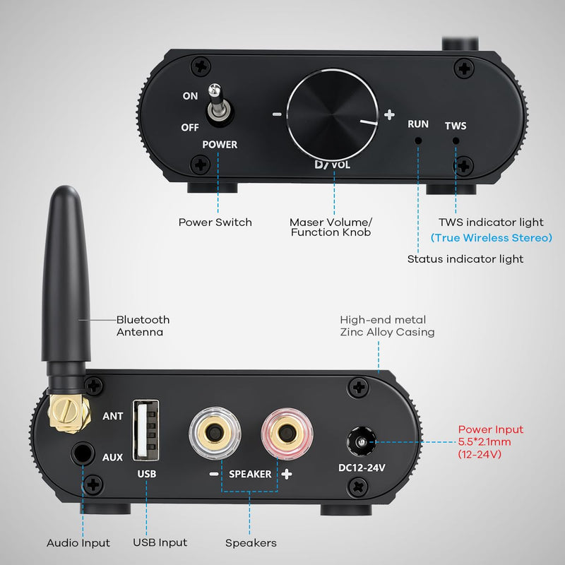 100W Bluetooth 5.3 Mono Amplifier, TPA3116 Audio Amp | with TWS Pairing USB/AUX Input, for Speakers/Home Theater/Gaming