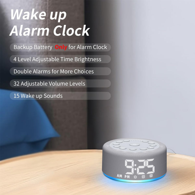 Plug-in Sound White Noise Machine Brown Noise Machine & Alarm Clock with Rechargeable Backup Battery Night Light Dual Alarms 30 Sleeping Sounds for Baby Kids Adults 5 Timers 15 Wake Up Sounds & Memory Grey F4