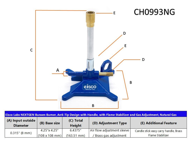 EISCO Natural Gas Bunsen Burner, StabiliBase Anti-Tip Design with Handle, with Flame Stabilizer and Gas Adjustment, NG