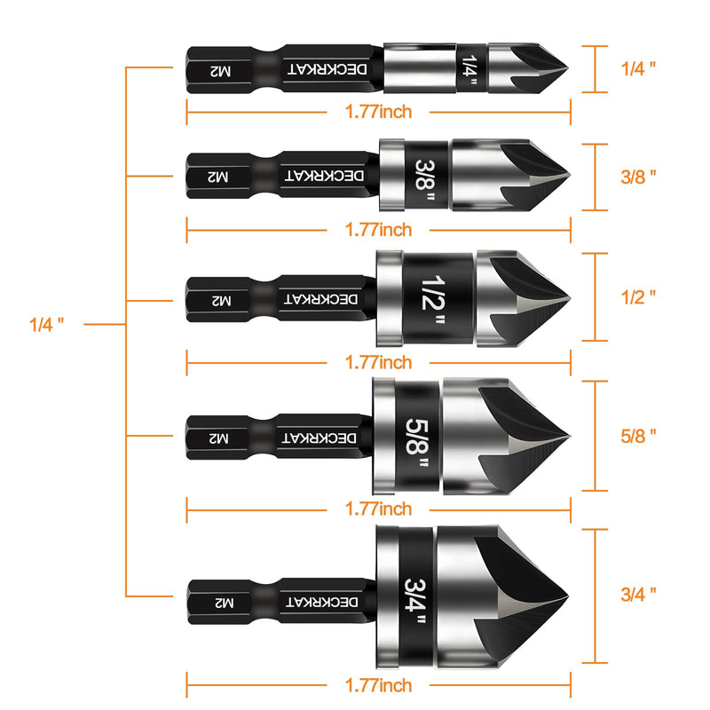 5 Pcs Countersink Drill Bit Set, Industrial Grade M2 High-Speed Steel, 82 Degree, 5 Flute with 1/4” Quick Change Hex Shank, 1/4" to 3/4" Size for Metal, Wood & Plastic - Includes Durable Case 1/4"- 3/4" M2 HSS