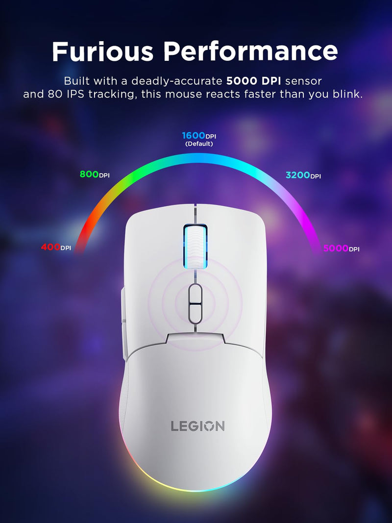 Lenovo Legion M220 Wireless RGB Gaming Mouse, Tri-Mode (Bluetooth, 2.4GHz & Wired), 5000 DPI Optical Sensor, 2-Zone RGB Lighting, 100Hr Battery, 7 Buttons, USB-C Rechargeable, Glacier White