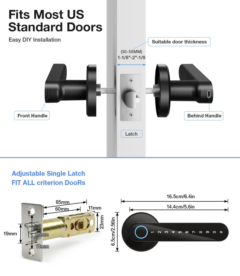 Fingerprint Door Lock, Smart Door Knob with Keypad Keyless Entry, Biometric Door Lock with App Control & Passcode, 4-in-1 Electronic Door Handle for Bedroom, Office, Apartment, Hotel – Modern Design 6 Key Cards