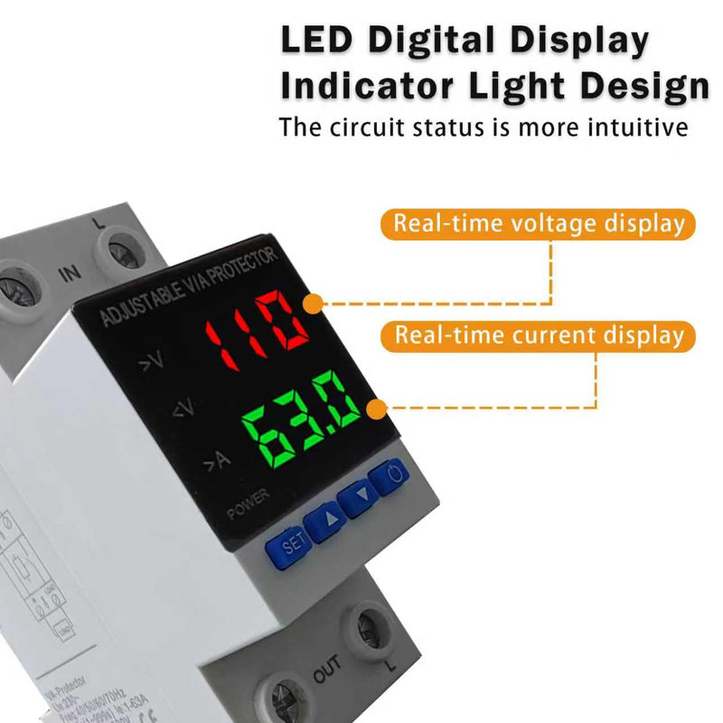 Voltage Protector, AC 110V 220V/DC 80-300V, 1-63A Adjustable Smart Circuit Breaker, Over Voltage & Under Voltage Cut Off, DIN Rail Mount, 2 Pack 63A-2 PCS