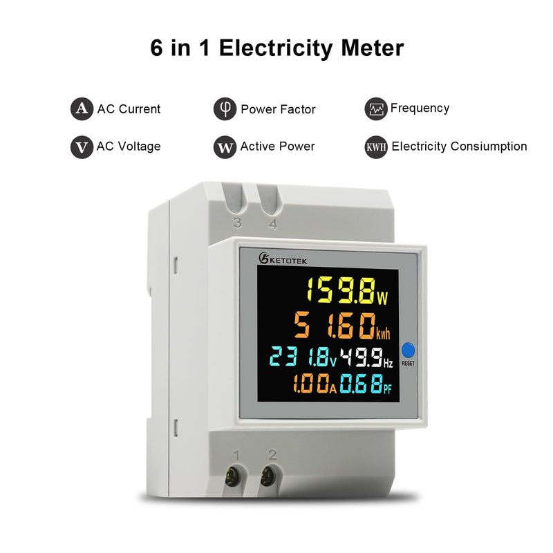 KETOTEK Single Phase Energy Meter Din Rail Electricity Usage Monitor AC 40-300V 100A Voltmeter Ammeter Watt Kwh Frequency Power Meter Built-in CT 110V