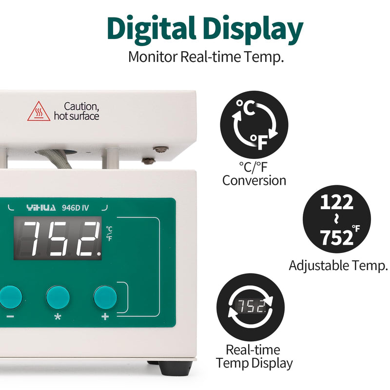 YIHUA 946D-IV Soldering Hot Plate Mini Size, Rework Heater with 2 ESD-Safe Tweezers, Adjustable Temp, °C/°F Conversion, PID Temp Control, 100 * 50mm Aluminum Heating Plate