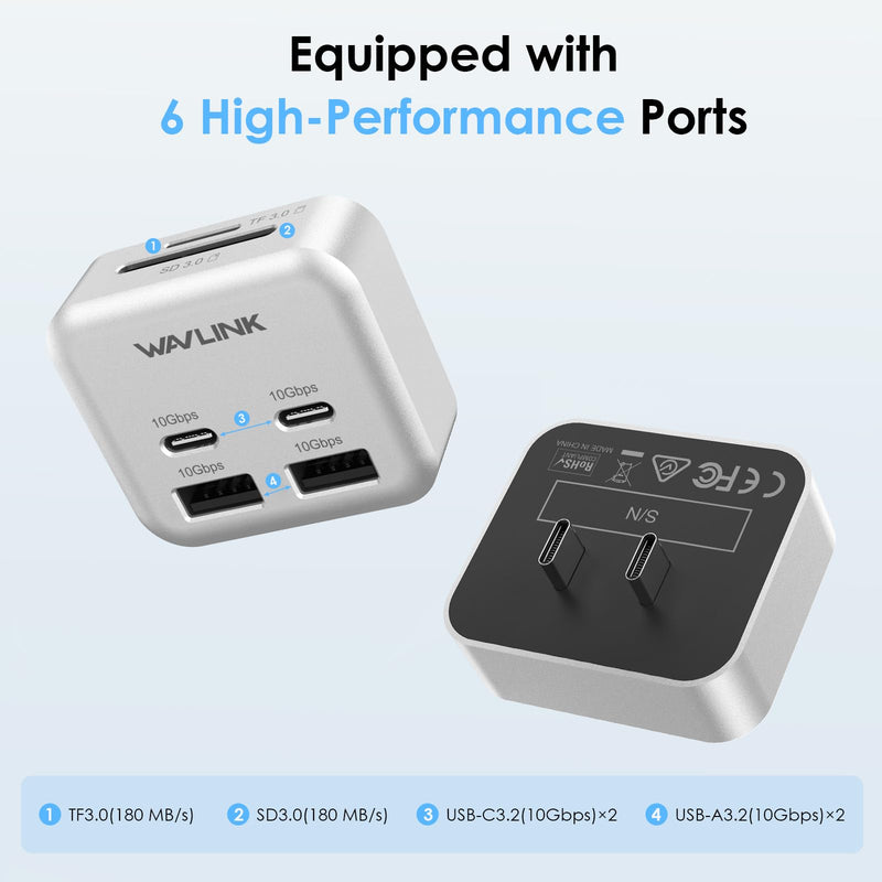 Mac mini M4 Hub, WAVLINK 6-Port Mac mini Hub | 2*10G USB-C, 2*10G USB-A,SD3.0 Card Reader, High-Speed Data Transfer & Multi-Device Connectivity for Mac mini M4 and M4 Pro