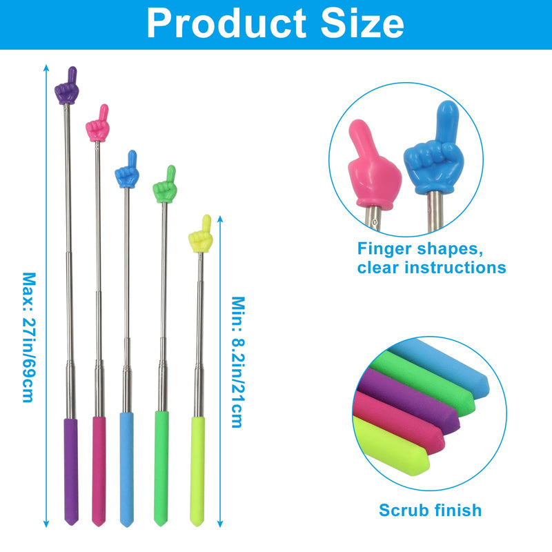 Zorfeter 5 PCS Retractable Teacher Pointer Stick, Colorful Finger 2 Hand Pointer Stick Extendable Finger Pointing Tool, Mini Pointer Stick for Classroom/School Kindergarten Elementary(Style A) Finger2, Dark (Blue+Purple+Yellow+Green+Pink)