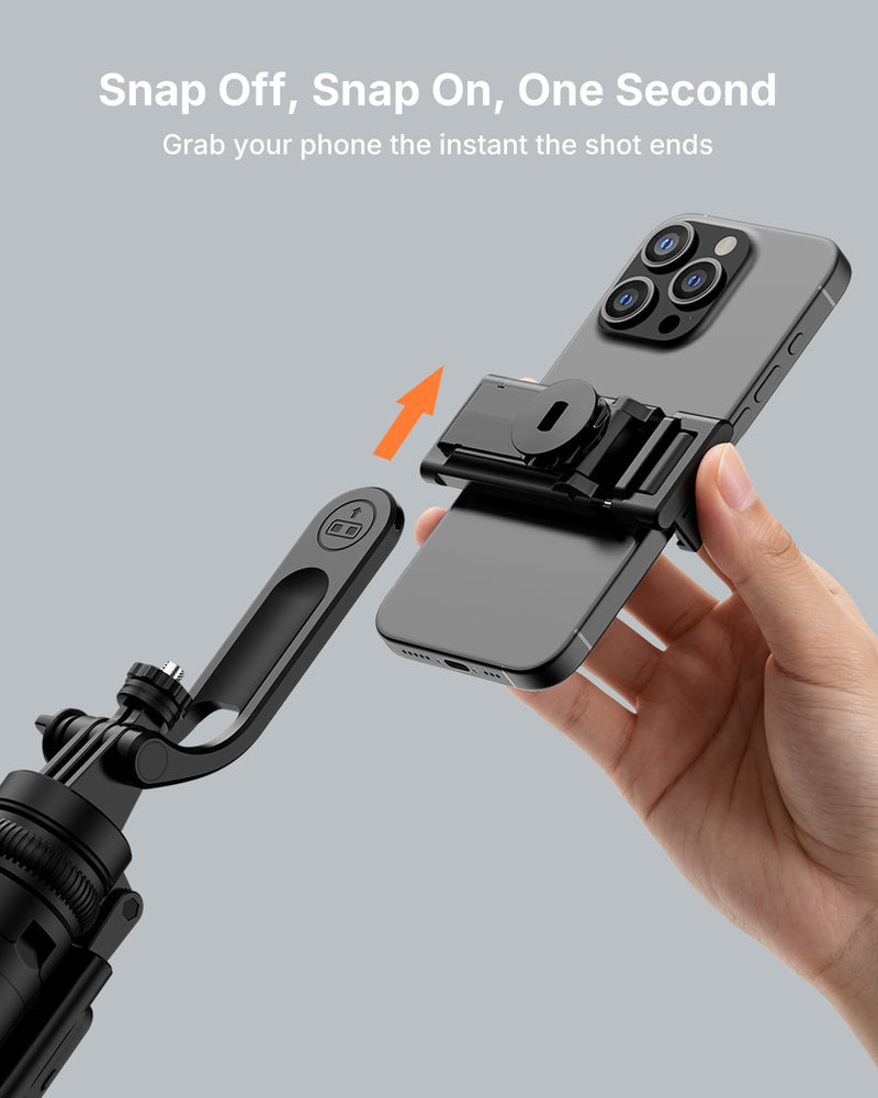 4-Leg Phone Tripod, 71-inch Selfie Stick for iPhone & Android | Anti-Slip Quadrapod Base, Snap-Release Phone Holder, Aluminum Alloy Pole for Durability, Secondary Handle Grip for Stability