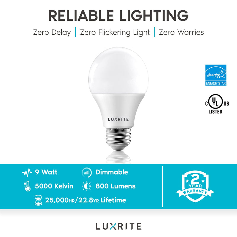 LUXRITE A19 LED Light Bulb 60W Equivalent, 5000K Bright White Dimmable, 800 Lumens, Standard LED Bulb 9W, E26 Base, Energy Star, Enclosed Fixture Rated, Perfect for Lamps and Home Lighting (12 Pack) 12 Count (Pack of 1) 5000k (Bright White)
