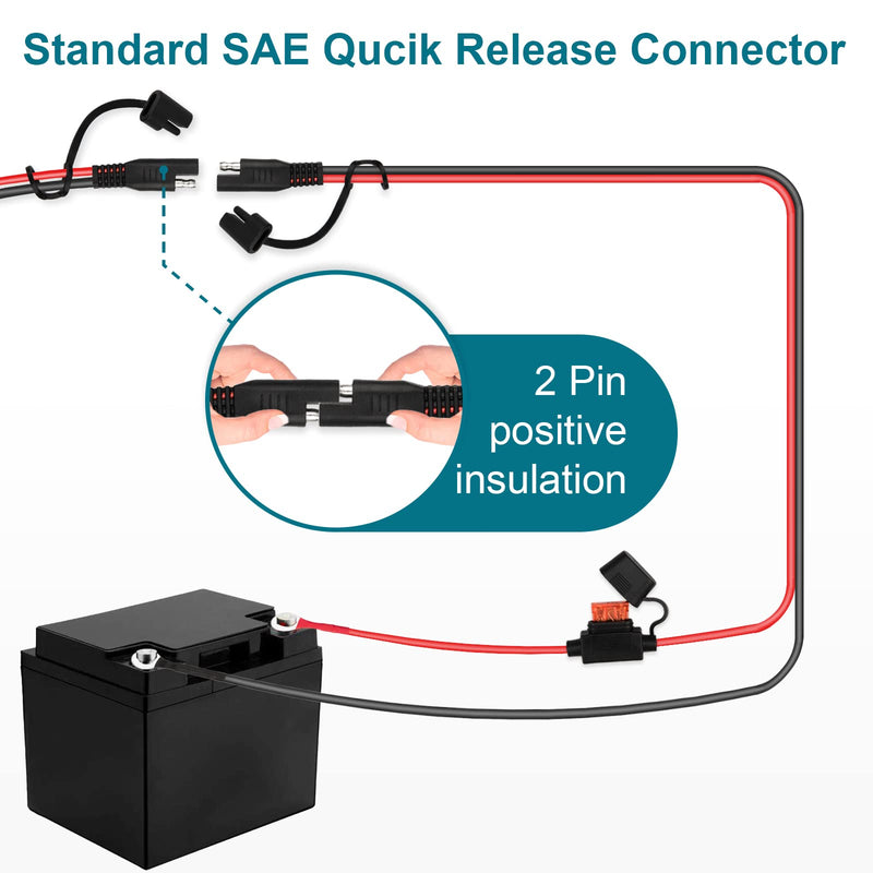 SAE Extension Cable, 2FT 10AWG SAE Battery Connector, Ring Terminal Harness Accessory Cable 10AWG-1PCS