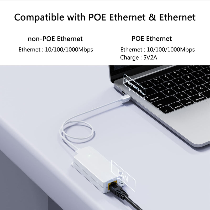 Gigabit PoE to USB C Converter for Smart Phone/Tablet, USB-C to Ethernet Adapter with 10W Charging, Power & Data 2-in-1 RJ45 Port to Type-C Adapter, 10/100/1000Mbps High Speed Plug & Play,PT-PGC-AF