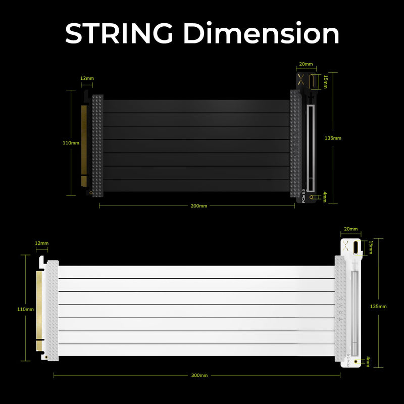 TRYX String PCIE 5.0 x 16 Riser Cable 200mm 128GB/s Vertical Graphic Card/GPU Mount Flexible PCIE 4.0 Support Near-Zero Signal Loss with EMI Shield for RTX 4090/5070/5080/5090RX 9070XT/7900XT Black