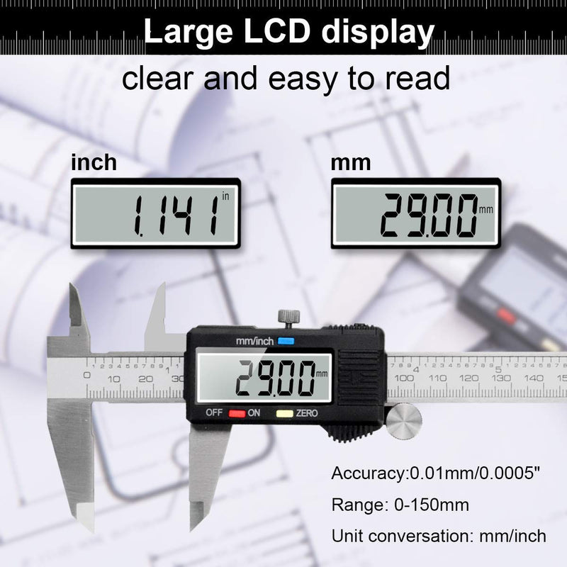 Caliper Measuring Tool, Qfun Vernier Digital Caliper Stainless Steel 6 Inch/150mm, Digital Micrometer Waterproof, Easy Switch from Inch to Millimeter, Large LCD Screen IP54-Black