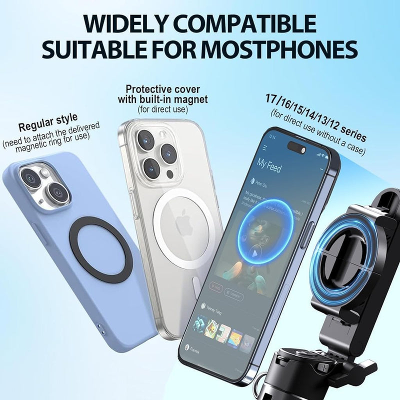 Magnetic Phone Tripod Stand, Portable Mini Selfie Stick for iPhone 16/15/14/13/12 & MagSafe, Aluminum Angle-Adjustable Foldable Strong Magnet Phone Holder, Travel Essentials, Included Metal Ring Iron Black