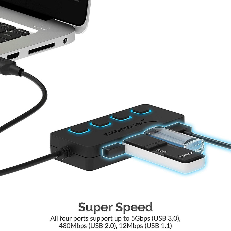 Sabrent 4-Port USB 3.0 Hub + [3-Pack] 22AWG Premium 3ft USB-C to USB A 3.0 Sync and Charge Cables