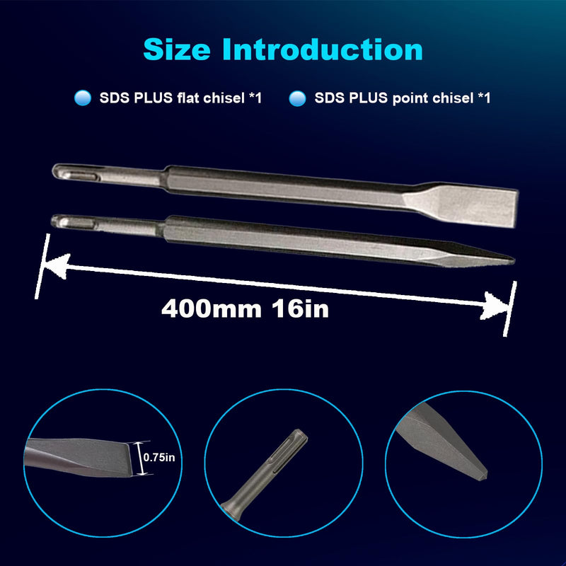 16-Inch SDS Plus Chisel Set, 3/4 Inch Flat Chisel and Point Chisel with Sds Plus Shank Ideal for Concrete Demolition, Tile Removal Chisel Tool for SDS Plus Hammer Drill Attachment ‎16-Inch SDS Plus Chisel Set