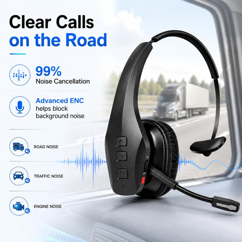 Bytewaveshop Trucker Bluetooth Headset with Mic, 55H Talk Time Wireless Headset, 99% Noise Cancelling Headphones with 270° Adjustable Mic, Bluetooth 6.0, Dual Device for Truck Drivers, Calls, Driving