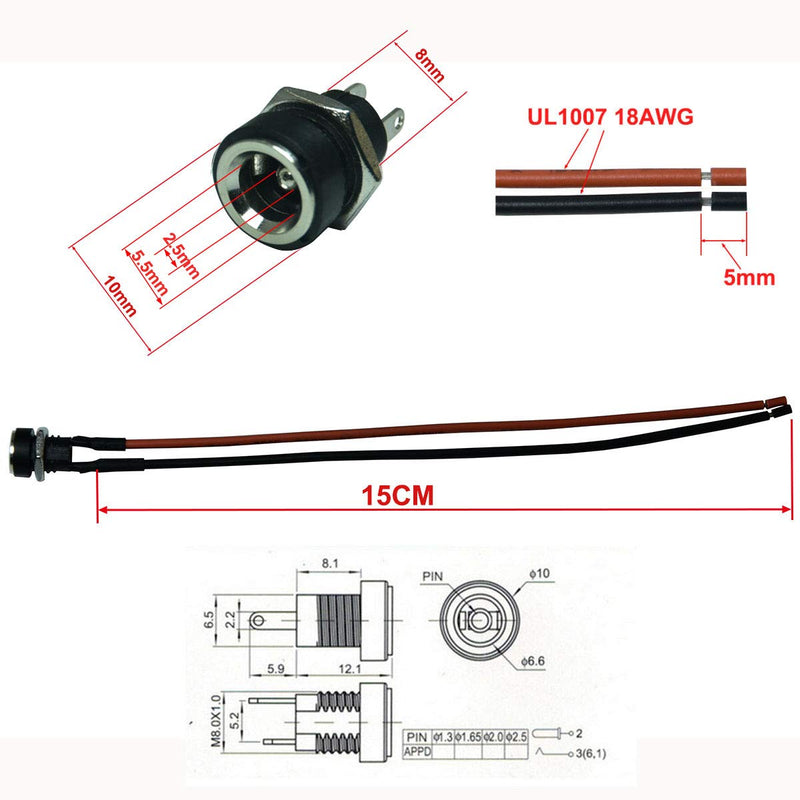 FILSHU 5Pcs 5.5x2.5mm DC Power Jack Female Socket Panel Mount with 2 Pin 18AWG Wires for Laptop Computers, Small Televisions and Other Electronic Devices
