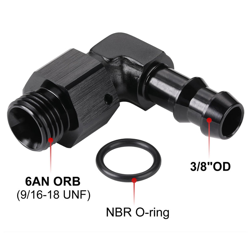 6AN -6 ORB Male to 3/8 Hose Barb 90 Degree Fitting Adapter Aluminum Black -6 ORB to 3/8" Black, 90 Degree