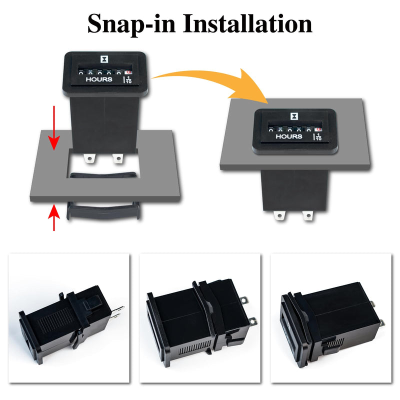 Jayron JR-HM001 Snap in Mechanical Hour Meter Rectangular Hour Meter for DC 6V to 80V Power Equipment Such as Fork Lifts,Golf Carts,Floor Care Equipment,and Any Other Battery Powered Equipment