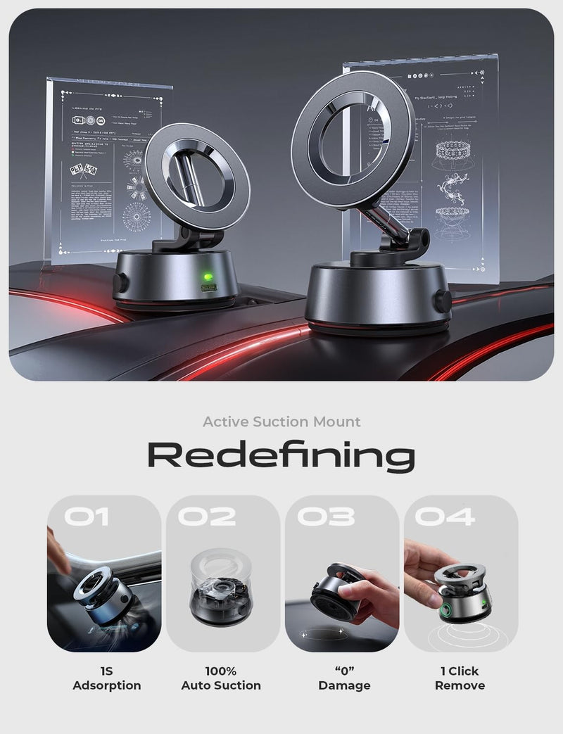 LISEN SuctionPro Vacuum Magnetic Phone Holder Electric Content Creator Phone Holder 360 Adjustable MagSafe Suction Cup Car Phone Mount fit Video Recording for iPhone 17 Pro Max Air 16 15 14 13 Black