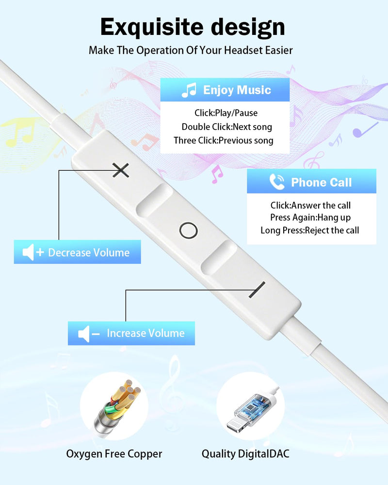 [Apple MFi Certified] Lightning Earbuds for iPhone, 2-Pack Wired Headphones | Bluetooth Connection; Built-In Remote and Mic for Music, Calls and Volume; Compatible with iPhone 14/13/12/11 Pro Max L-Ivory White