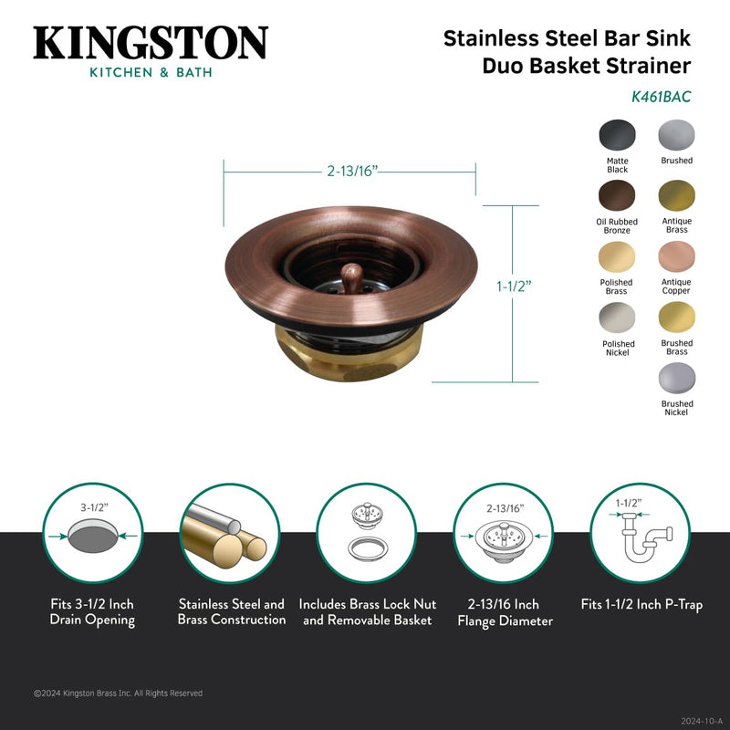 Kingston Brass K461BPB Tacoma Kitchen Sink Duo Basket Strainer, Polished Brass 2.81 x 2.81 x 1.5