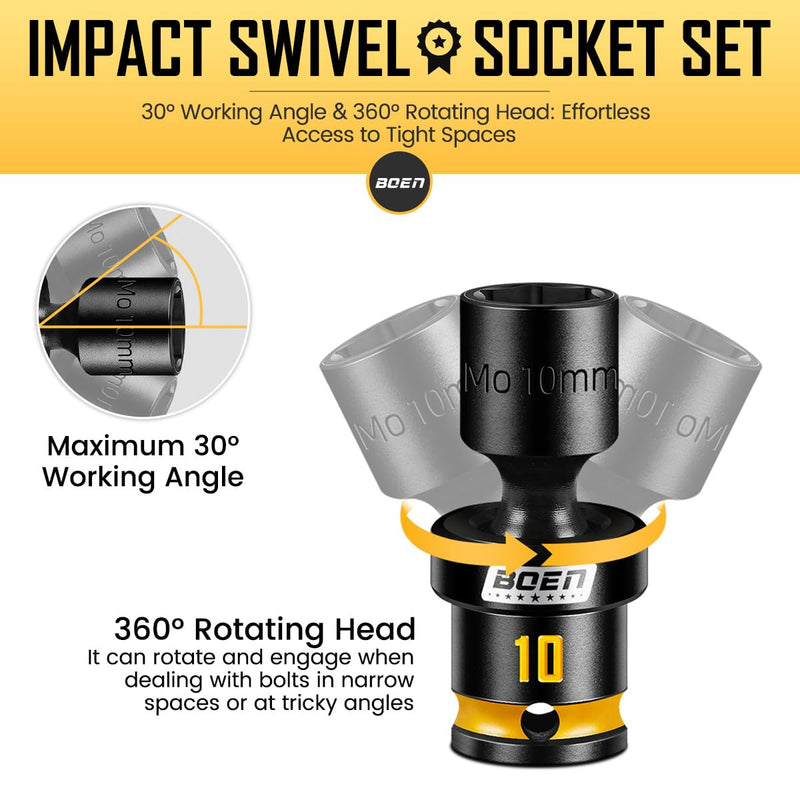 BOEN 12-Piece 1/4" Drive Metric Impact Swivel Socket Set (5-15mm), 6-Point Shallow Wobble Sockets, Cr-Mo Steel, Includes Storage Rail